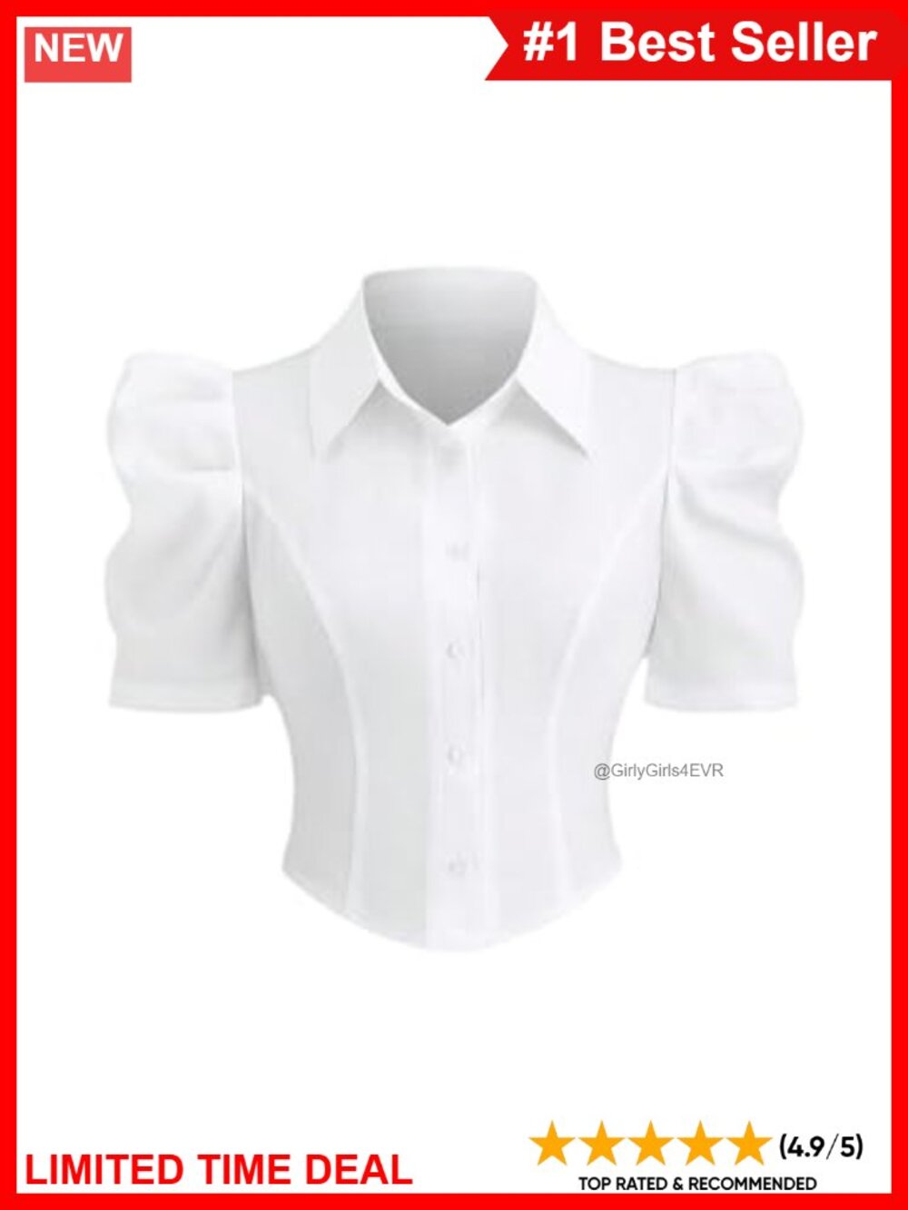 Puff Sleeve Button Down Collar Crop Blouse Business Casual Top